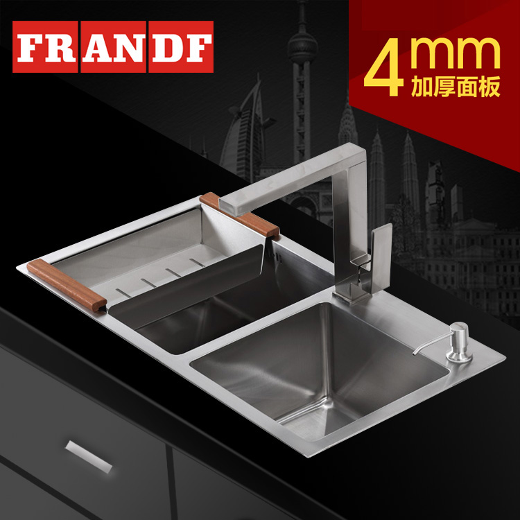 弗兰多 304不锈钢手工水槽双槽 水池厨房洗菜盆套餐4mm加厚洗碗池