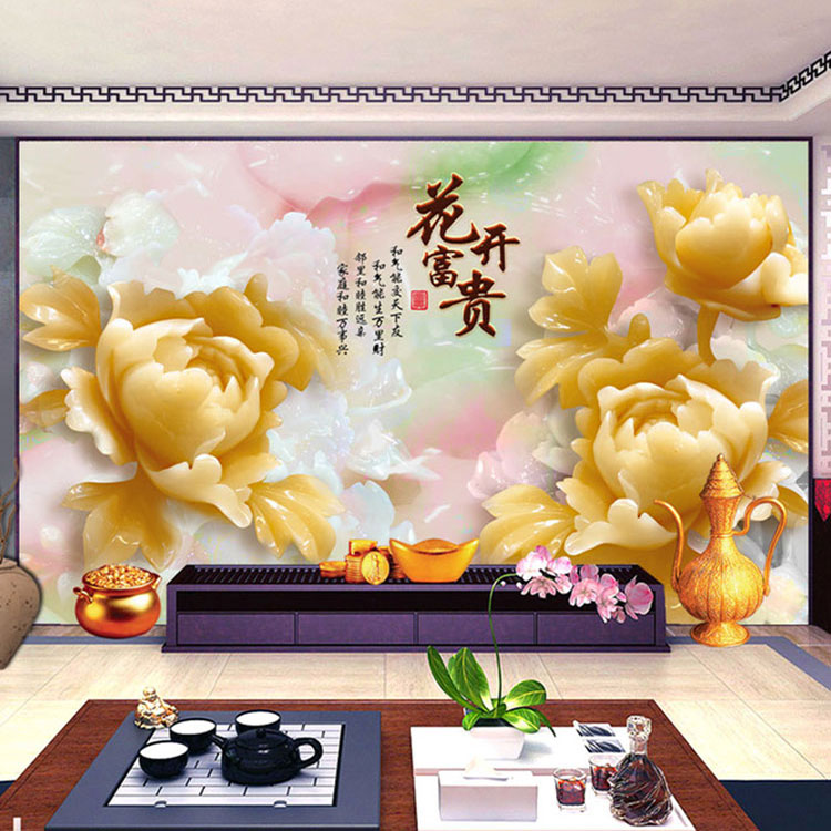 瓷砖背景墙3d 电视客厅背景墙 欧式简约中式背景墙 花开富贵