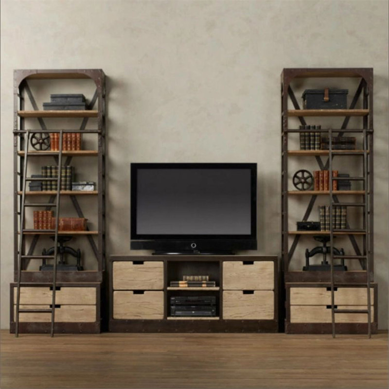 美式复古实木电视柜 铁艺做旧电视桌 多层置物架收纳架储物柜