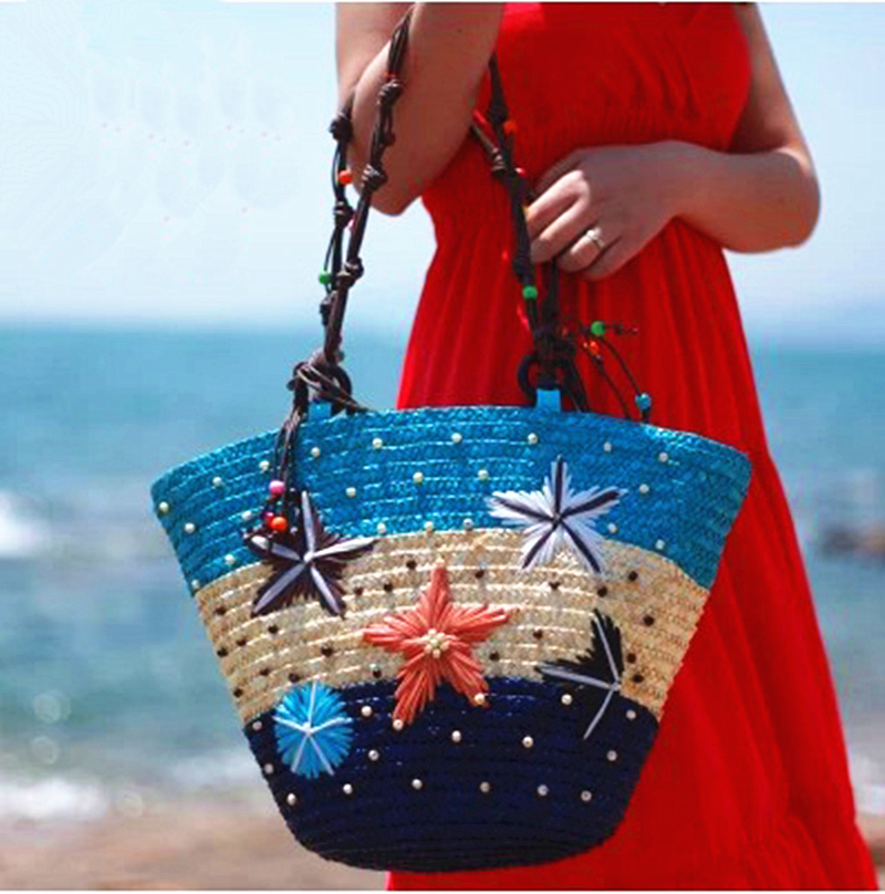 厂家包邮2015新款波西米亚风糖果色海星单肩包海滩度假草编包女包