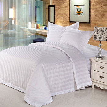 酒店宾馆客房布草全棉缎条四件套纯白色被套床单床笠批发1.5米床