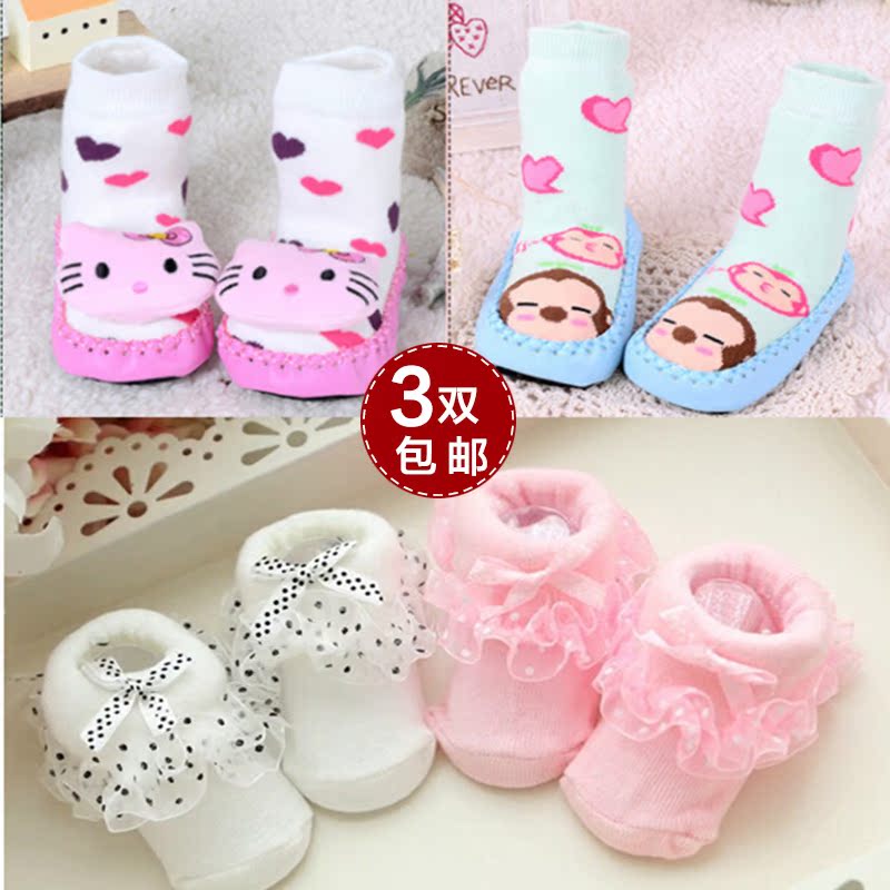 0-3-6个月秋冬新生儿婴儿袜子纯棉加厚女宝宝卡通地板立体蕾丝袜