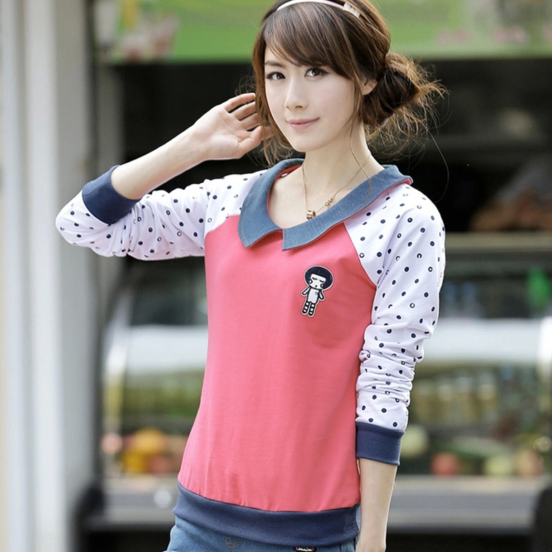 2015新款潮韩版套头上衣少女学生装春秋长袖T恤初中高中学生棉