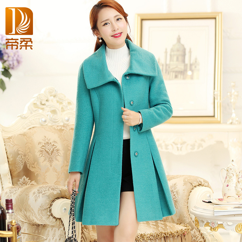 帝柔品牌女装2015韩版新款羊毛呢子外套中长款羊毛大衣荷叶领上衣