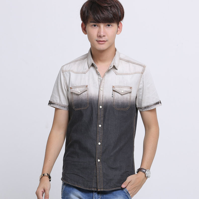 2015夏季超薄短袖牛仔衬衣 男韩版渐变色修身纯棉男士短袖衬衫潮
