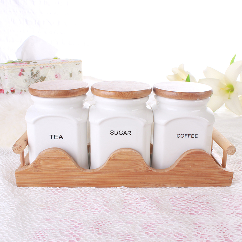 简约日式陶瓷密封罐茶叶糖咖啡木盖子储物罐杂粮配木托糖罐储物罐