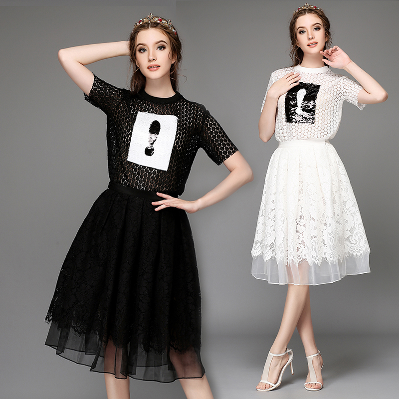 欧洲站2015夏季大牌女装 气质优雅性感蕾丝t恤裙子胖mm两件套装
