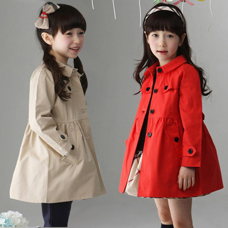 韩版童装 14秋女童简约时尚中长款风衣 中小童公主款长袖百搭外套