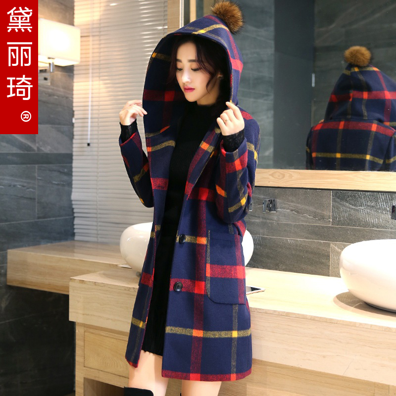 格子毛呢外套女2015冬装新款韩版修身中长款韩范连帽加厚呢子大衣