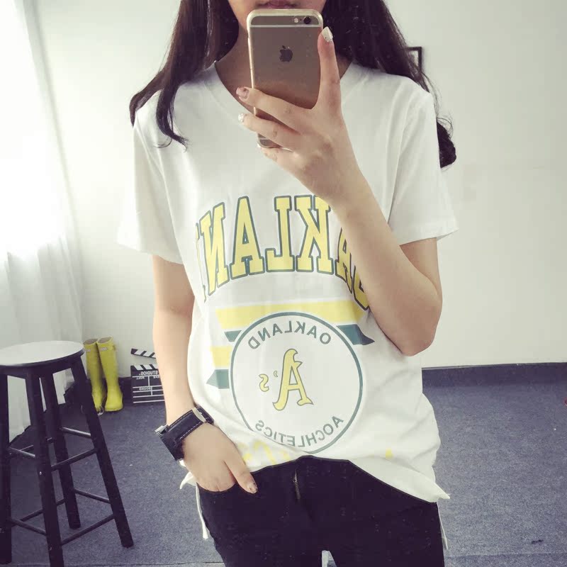 2015春夏新款女装韩版中长款宽松打底字母短袖印花T恤女体恤衫潮