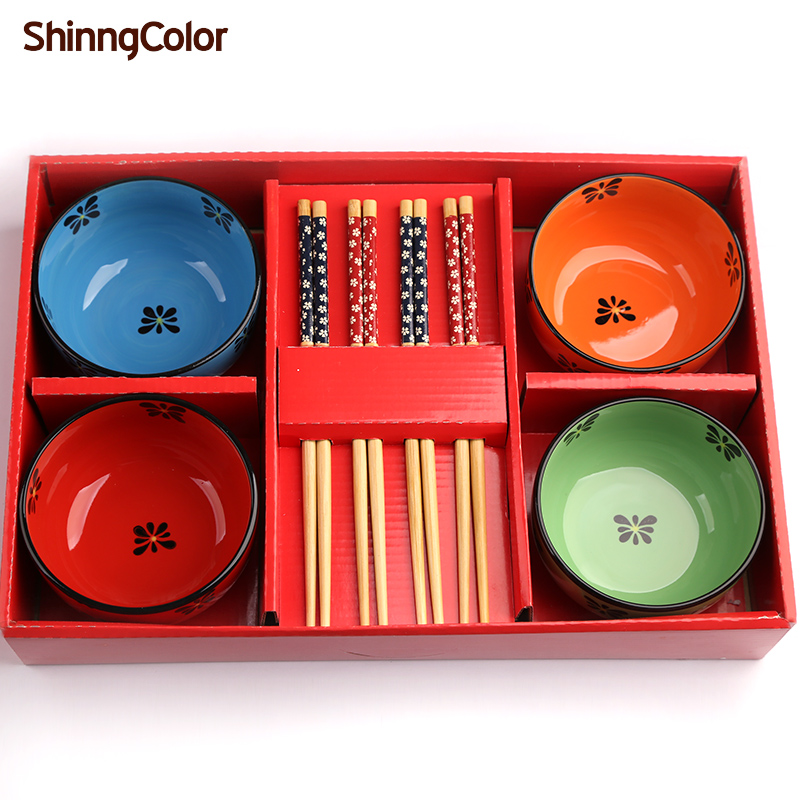 创意彩色陶瓷碗 家用米饭碗组合套装小米碗汤碗礼盒4只装 送筷子