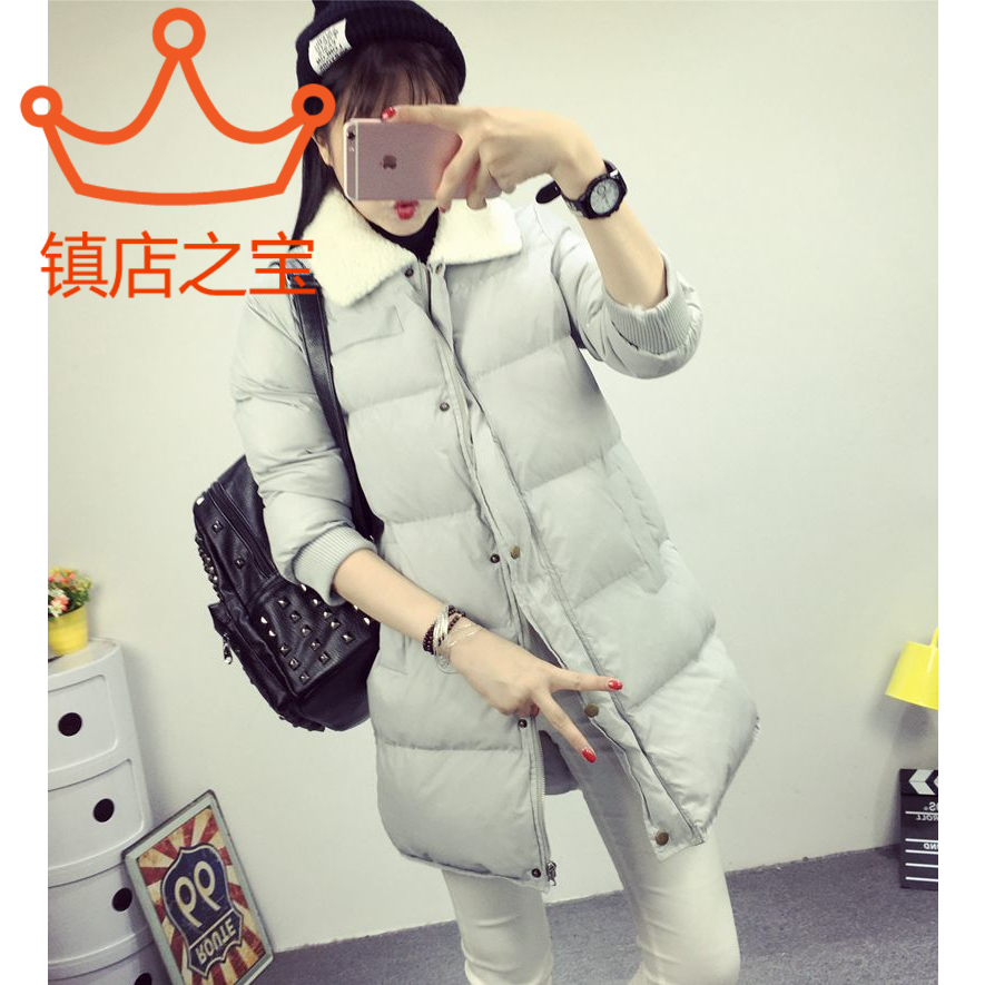 2015冬季新款韩国韩版保暖加厚显瘦中长款羊羔毛领手塞棉服外套女