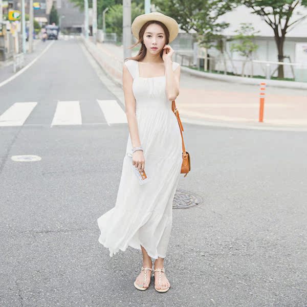 布里奇 2016夏装韩国新款女装时尚纯色百搭休闲甜美无袖连衣裙