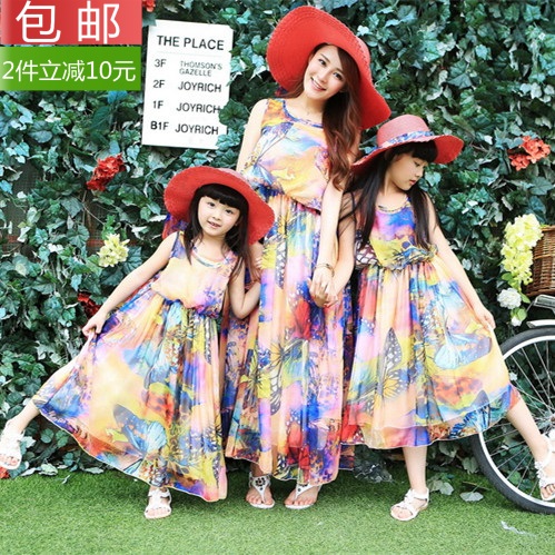 2015韩版新款极致显瘦波西米亚母女装亲子装沙滩长裙度假母女裙子