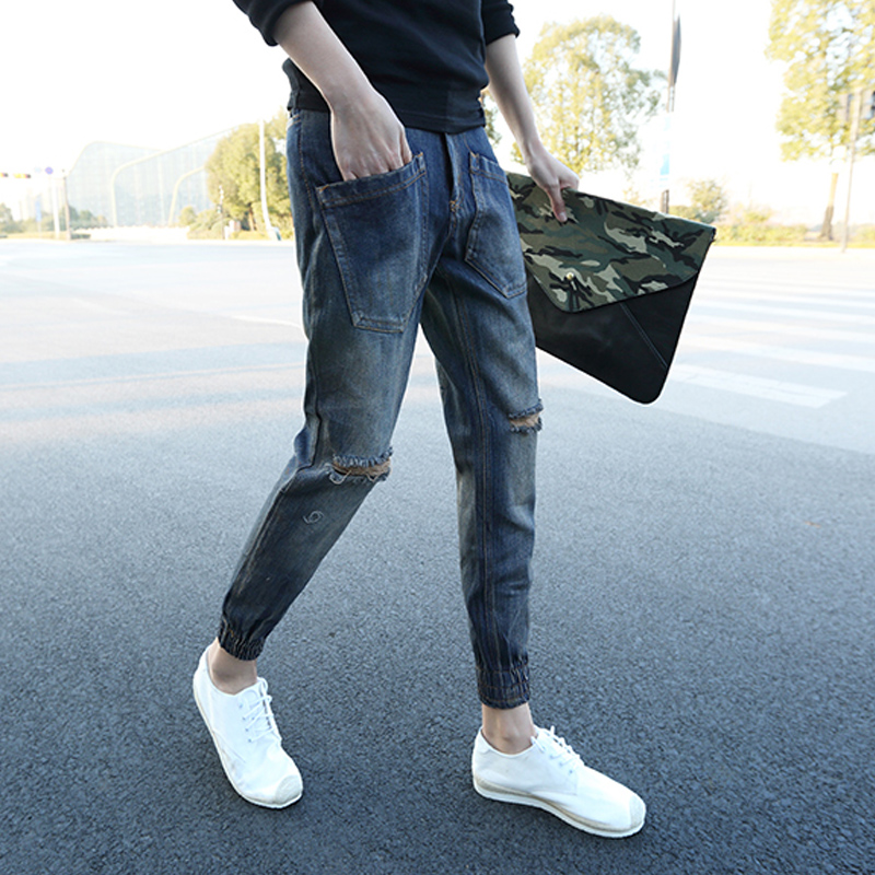 2015夏新款牛仔裤型男个性韩版特色反转设计破洞九分裤小脚哈伦裤