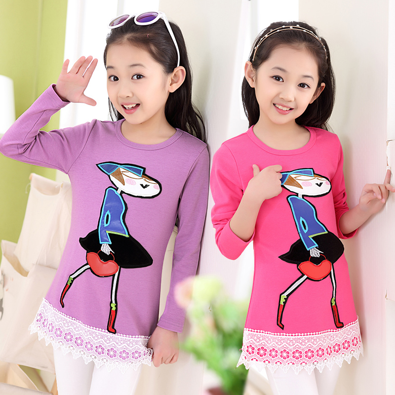 童装2015新款春季女童打底衫韩版纯色中大童蕾丝上衣儿童长袖T恤
