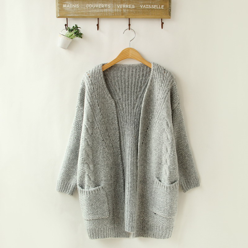 2015春季新品韩版中长款纯色宽松口袋女装针织衫开衫毛衣外套