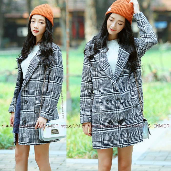 2015秋冬新款韩版格子长袖双排扣呢子大衣英伦格子风衣毛呢外套女