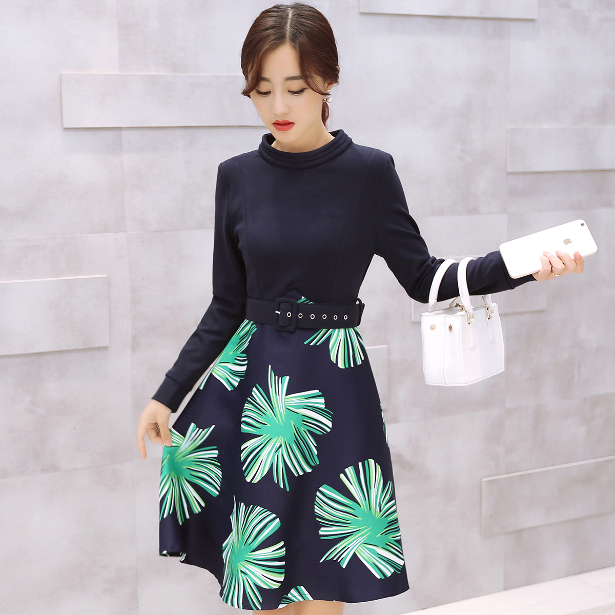 2015加厚针织两件套连衣裙秋冬季韩版修身显瘦大花朵A字裙