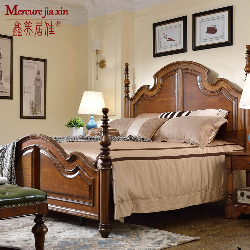 特价美式经典桃花芯木全实木双人床板床矮柱子大床欧式1.8米婚床