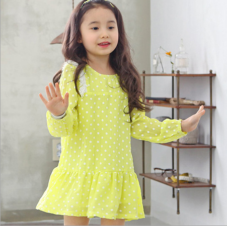 韩国高端童装春夏新款黄色白点花边棉里布质感仙女女童连衣裙