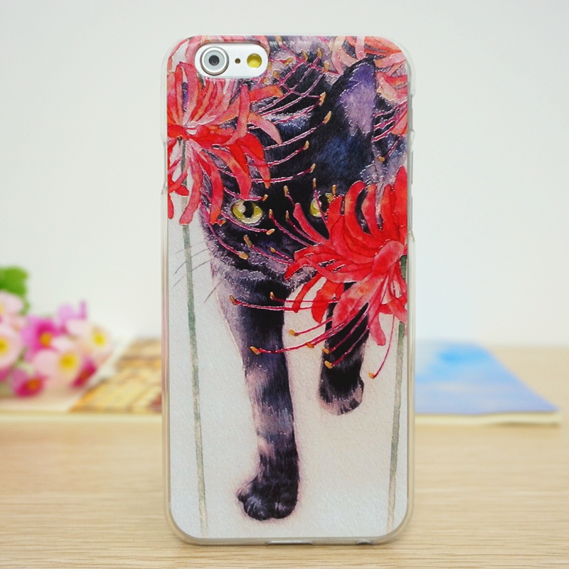 立体浮雕苹果手机壳iphone6 6s plus 5s保护外套个性红花丛黑猫咪