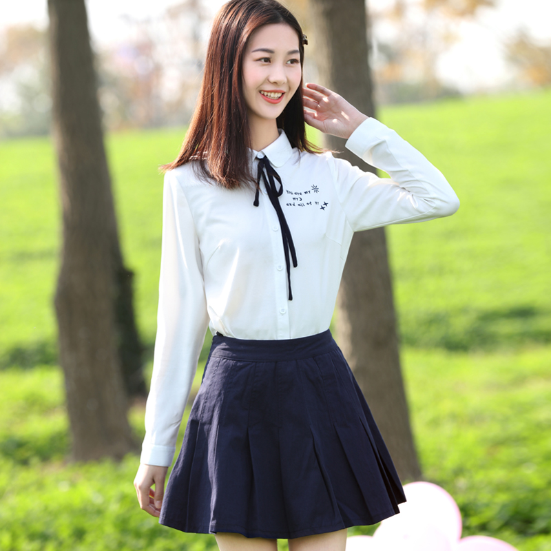 少女2017春装新款韩版潮学院风初中高中学生衬衫长袖百搭修身衬衣