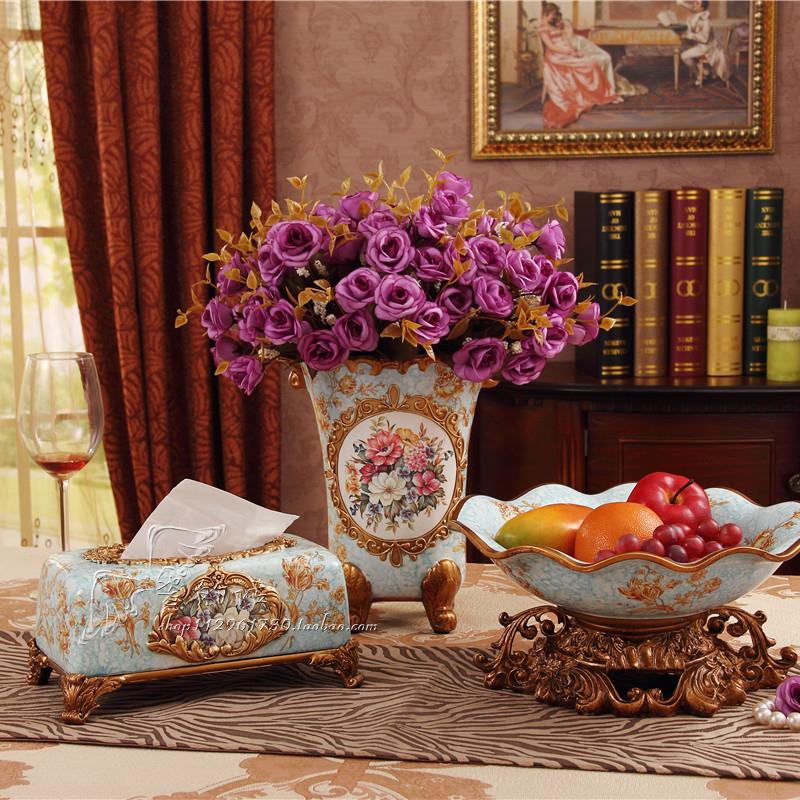 欧式大三件套树脂纸巾盒欧式水果盘花瓶客厅餐桌 摆设工艺礼品
