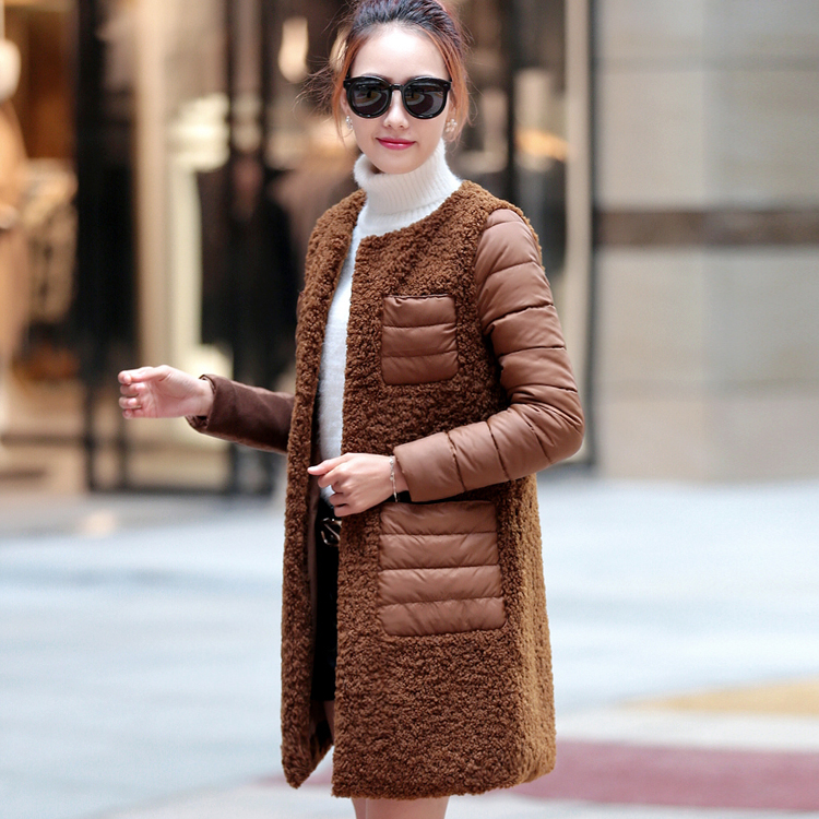 韩国棉衣女中长款 新款修身显瘦拼接冬季外套羊羔毛羽绒棉服女潮