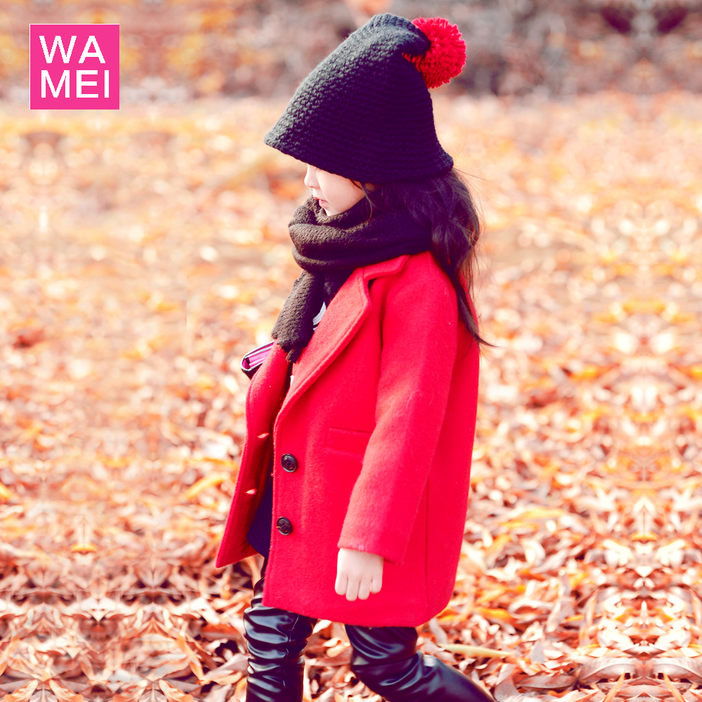 女童冬装外套红色中长款呢子大衣双排扣风衣韩版宝宝大童装母女装