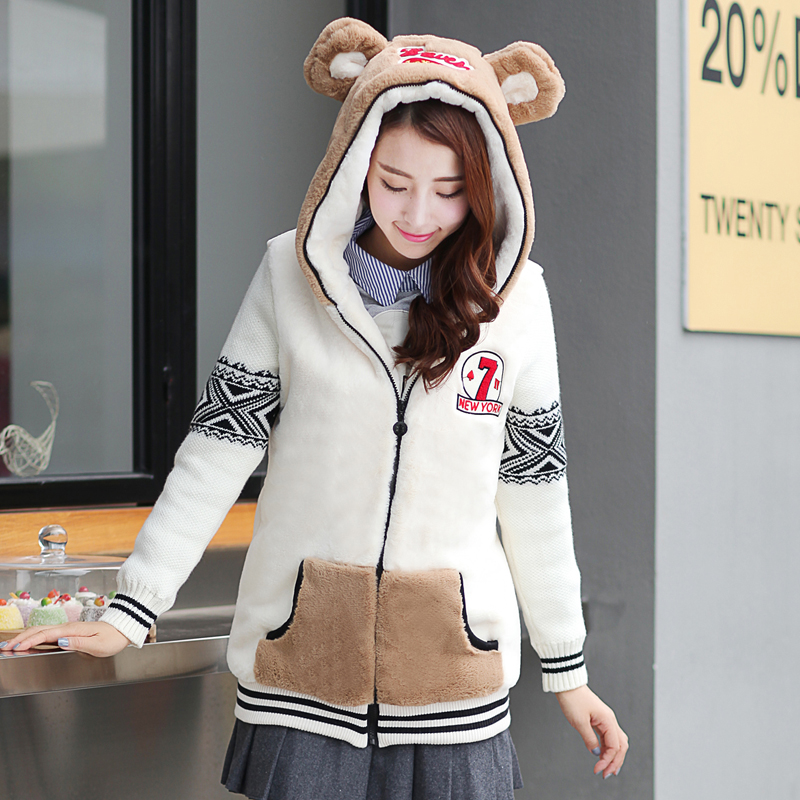 2015年冬装新款中长款绒衫卫衣少女学生韩版仿獭兔毛外套