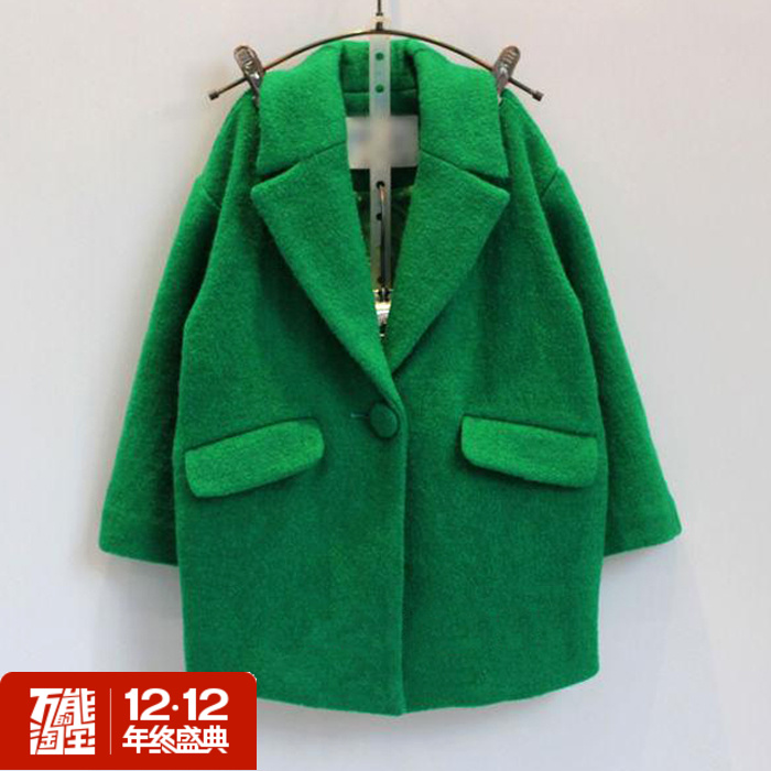 儿童新款绿色装2015秋冬装新欧美风大牌纯色中长款呢大衣2-7岁
