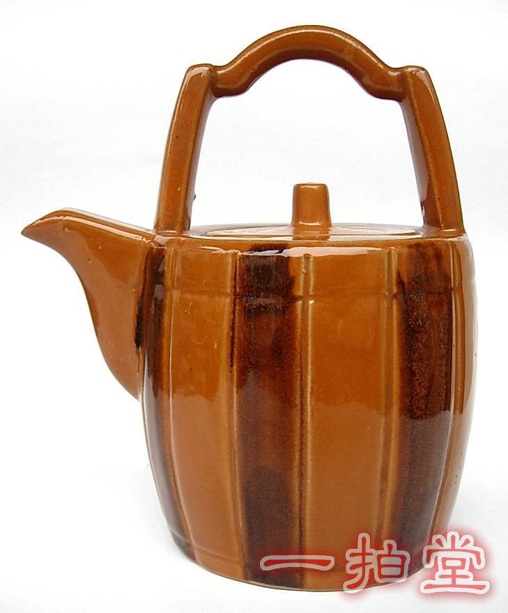 80年代美陶宜昌彩陶仿木桶样式黄釉陶瓷器提梁茶壶摆件茶具收藏品