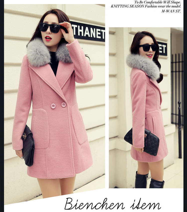 2015冬装新款韩版修身狐狸毛领羊毛呢外套中长款呢子大衣女装加厚