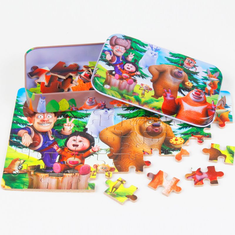 60片儿童木质拼图铁盒装 幼儿早教益智木制拼图板玩具拼图3-4-7岁