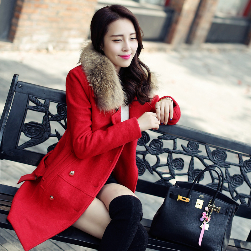 2015冬装新款韩版中长款双排扣加厚毛呢女外套貉子毛领呢子大衣潮