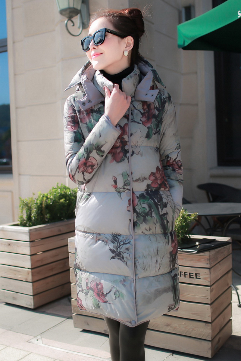 2015冬季新款韩版时尚修身女士中长款印花水墨画连帽显瘦羽绒棉衣