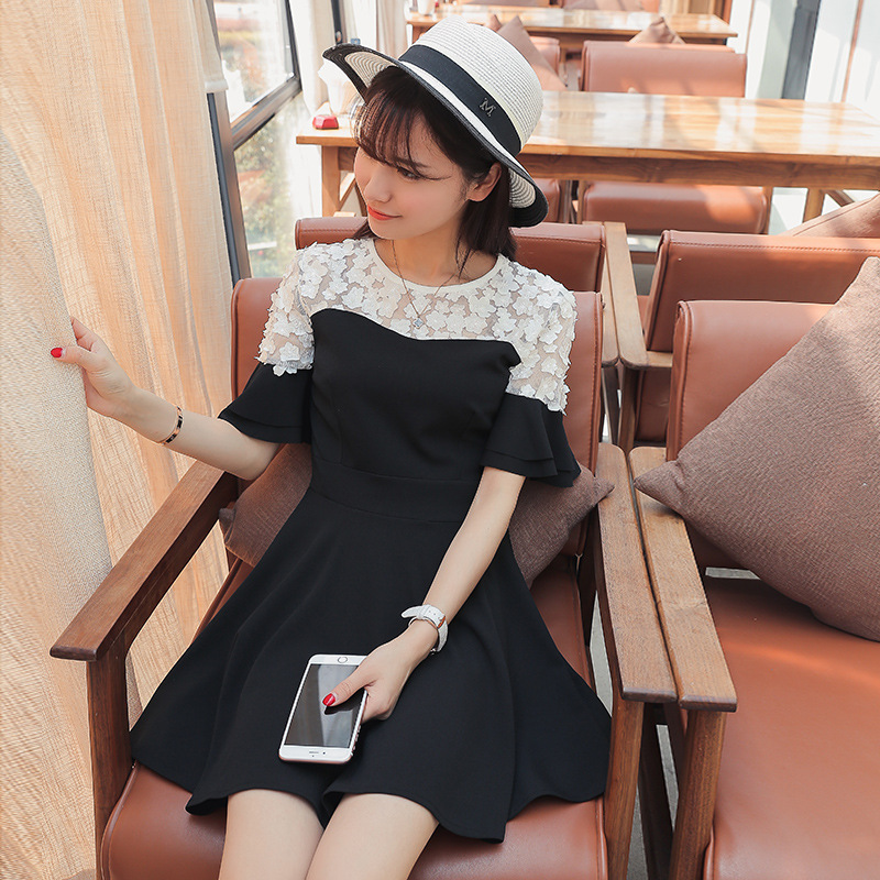 2016夏季新款 韩版时尚品牌修身显瘦气质花朵短袖a字连衣裙