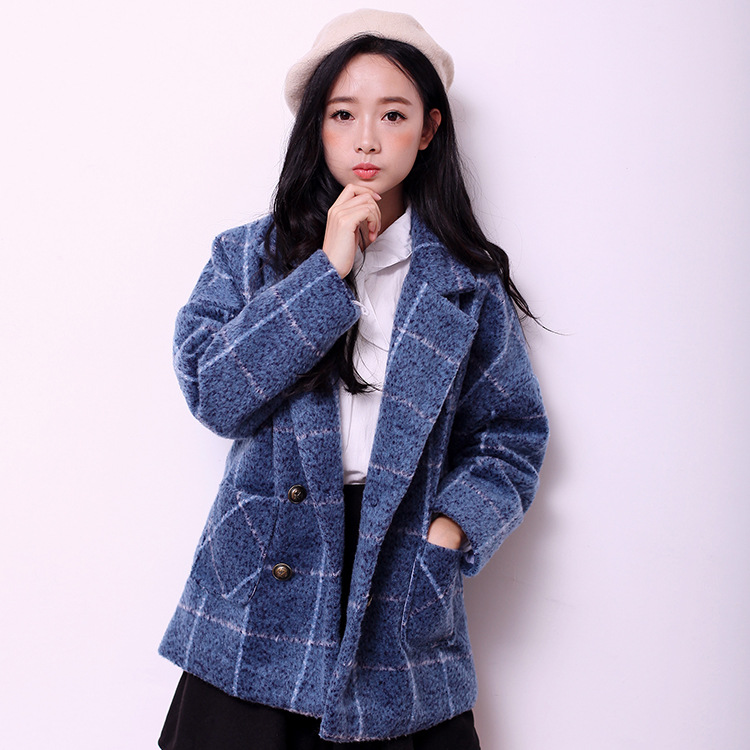 2015秋冬季新款韩版学院风保暖蚕型加厚夹棉短款格子粗毛呢外套女