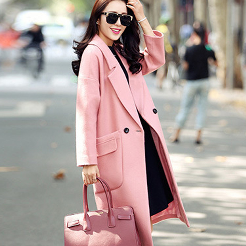 纯色外套 大衣 长袖 韩版 中长 单排扣 纯色 羊毛 韩版 时尚 大气