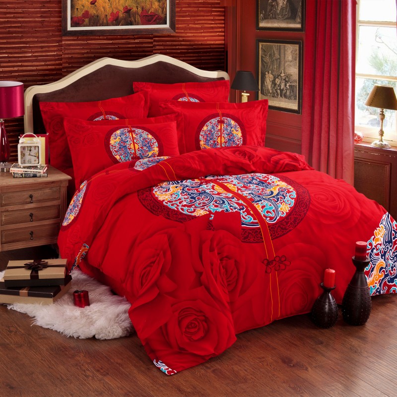 高端纯棉刺绣大红结婚用床单4件套婚庆床品超细磨毛四件套包邮