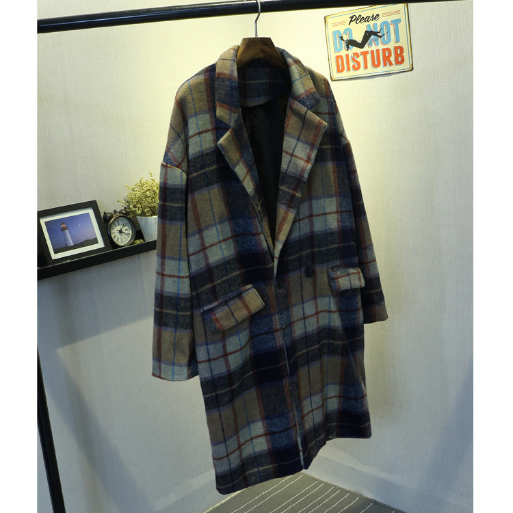 2015新品韩版女大衣 东大门格子抓绒西装领修身长款毛呢外套9241