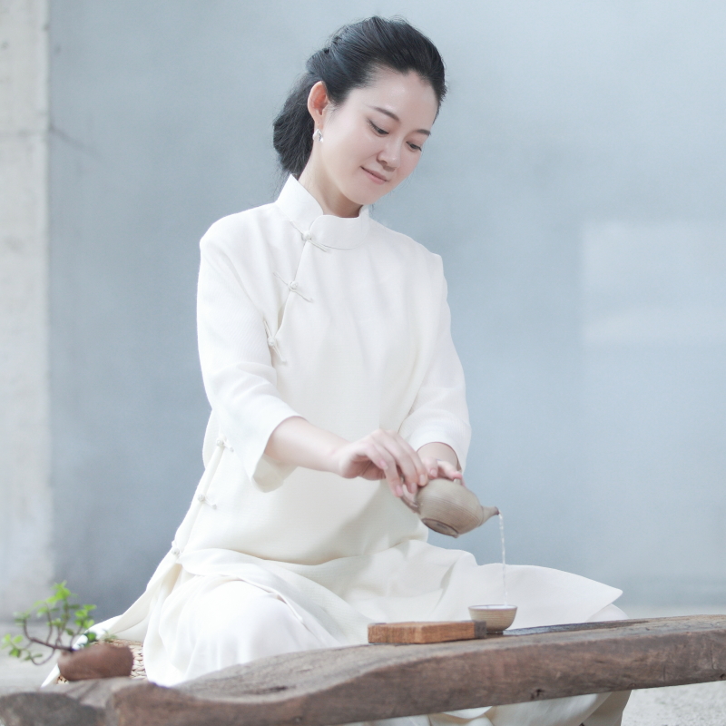 2015年新款设计《水云间》中国风偏襟立领女装白色中式礼服三件套