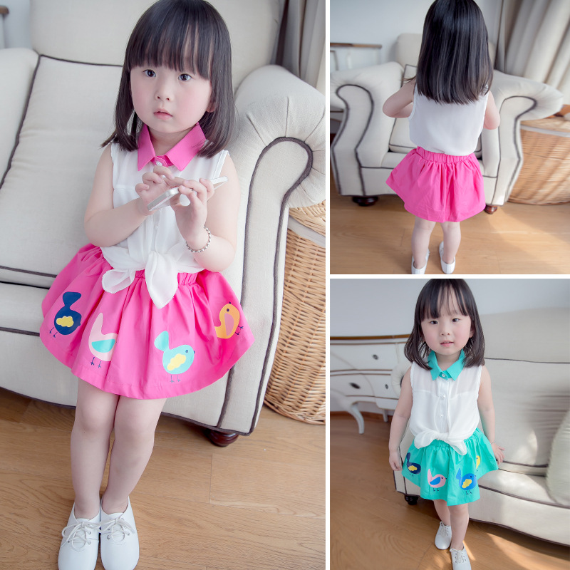 2015夏季新款0-1-2-3-4岁女童套裙女宝宝雪纺背心半裙小鸟套装