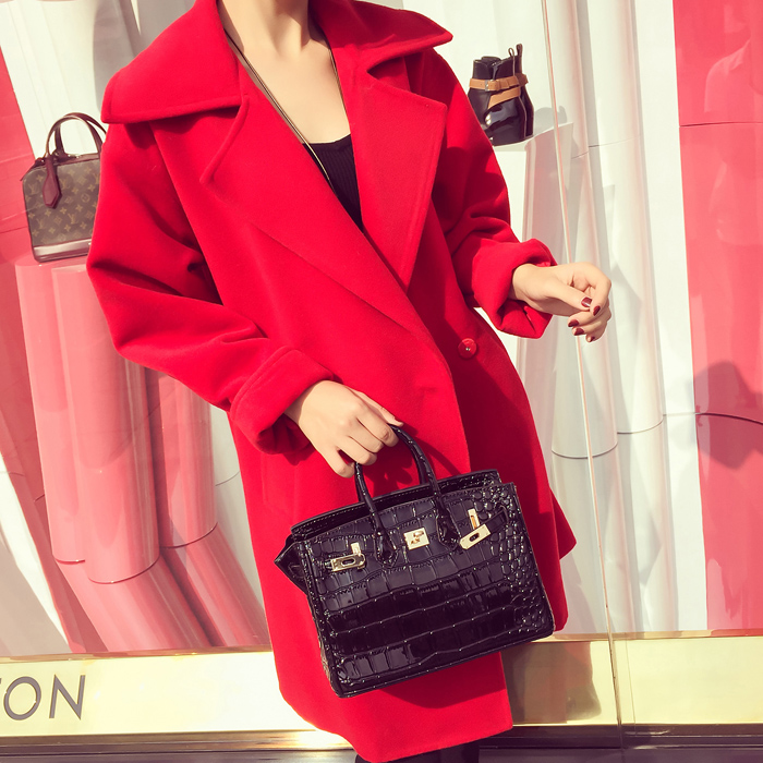 2015新韩版修身红色毛呢外套女中长款韩范羊绒呢子大衣加厚秋冬装