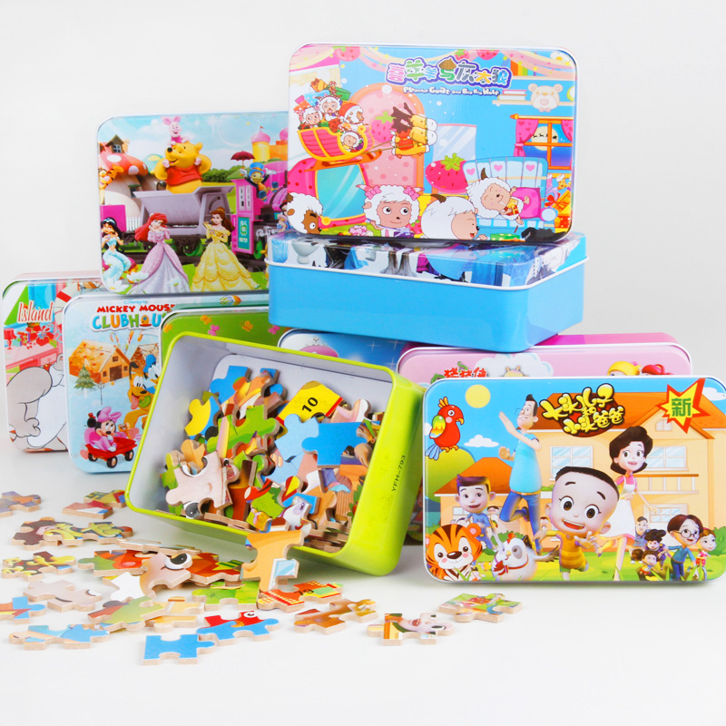 100片木质铁盒装拼图木制拼板宝宝早教益智幼儿园儿童积木玩具