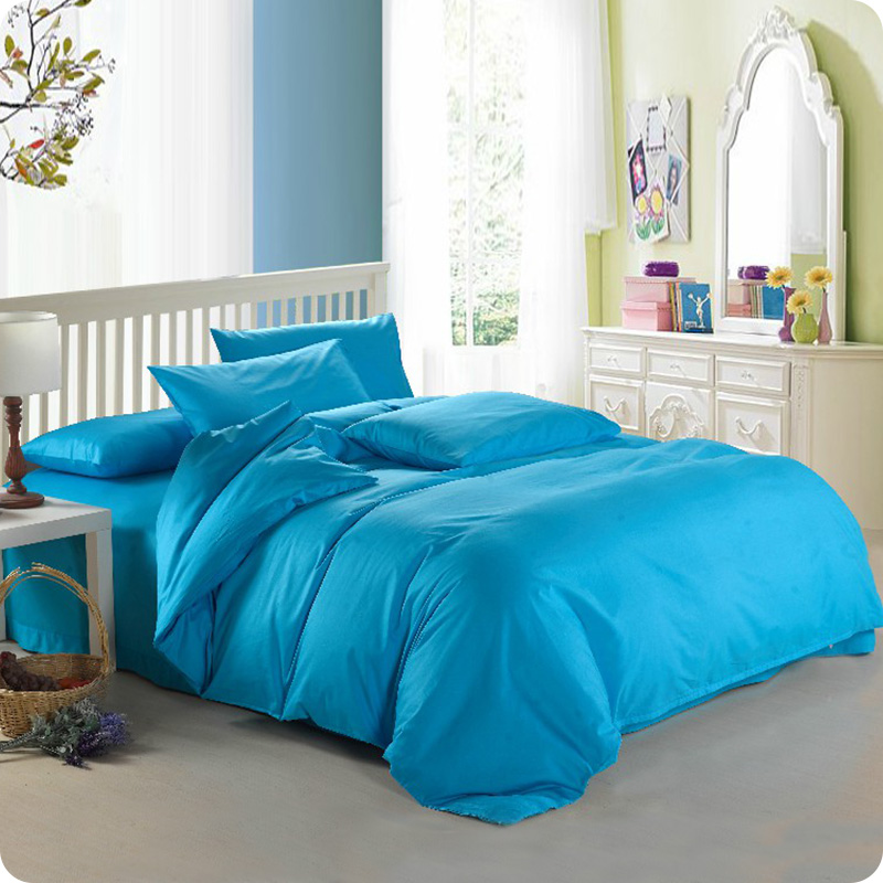 湖蓝色纯色四件套纯棉全棉床上用品被套床单床笠式简约天蓝色双人
