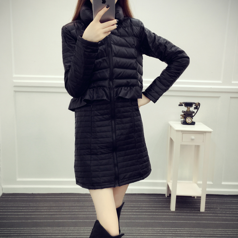 2015 冬装新款韩版假两件棉衣女中长款保暖纯色立领裙摆棉服