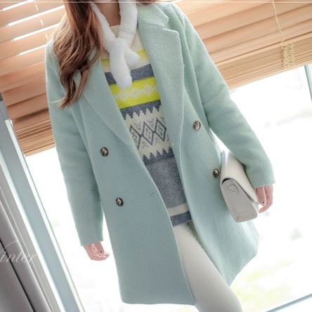 2015冬季冬装新款韩国代购进口女装清新淡雅双排扣毛呢大衣外套女