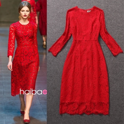 2014早秋女装新款 欧美大牌走秀款 圆领长袖中长款红色蕾丝连衣裙